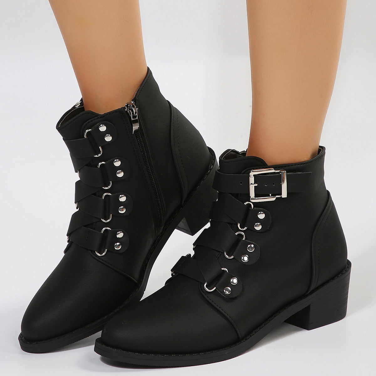Women’s Ankle Boots with Side Zipper and Buckle